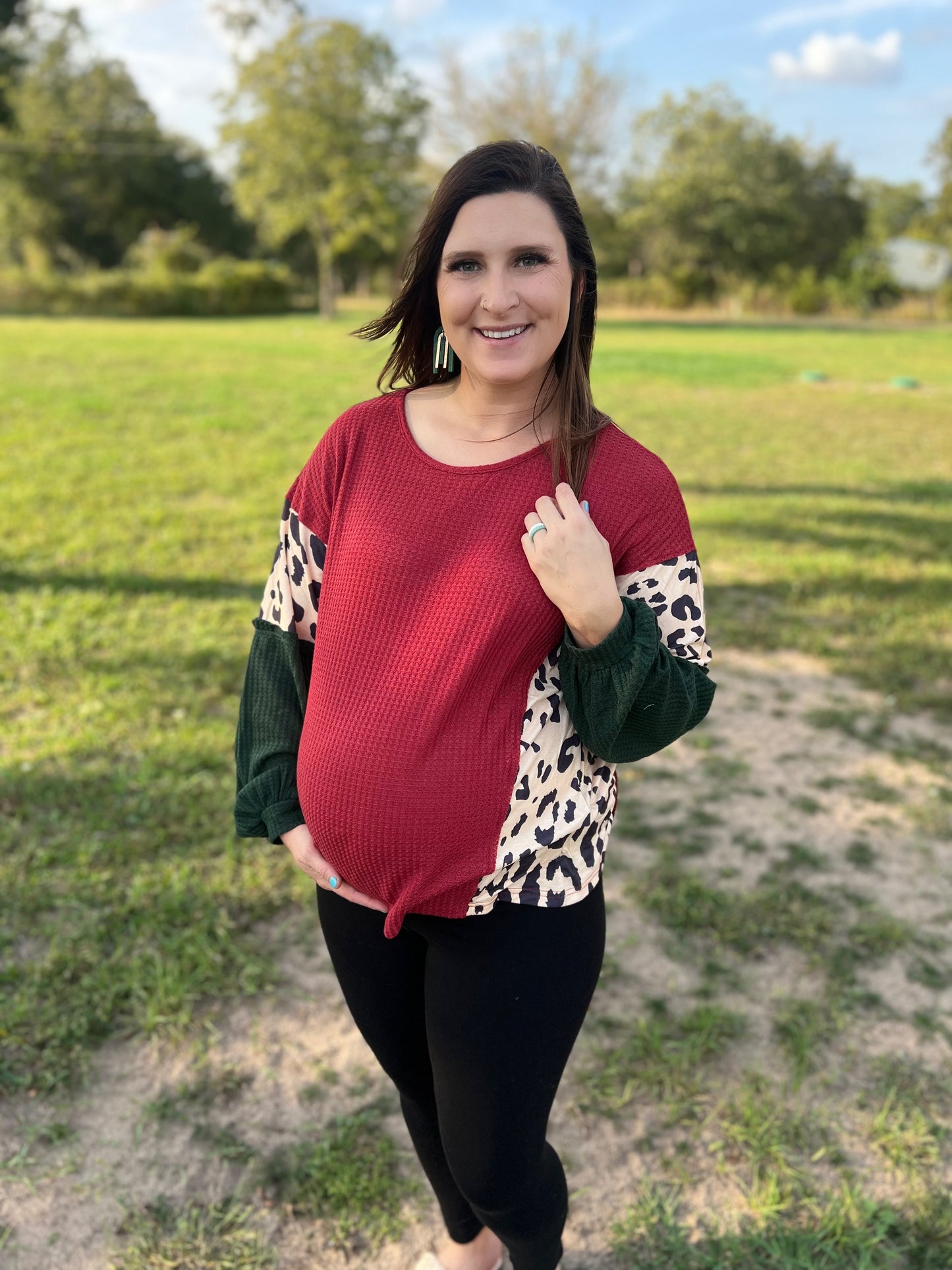Leopard Color Block Waffle Top