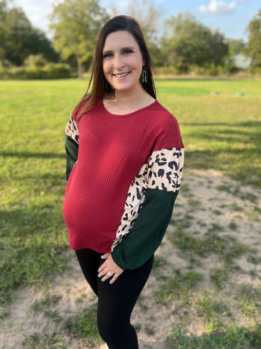 Leopard Color Block Waffle Top