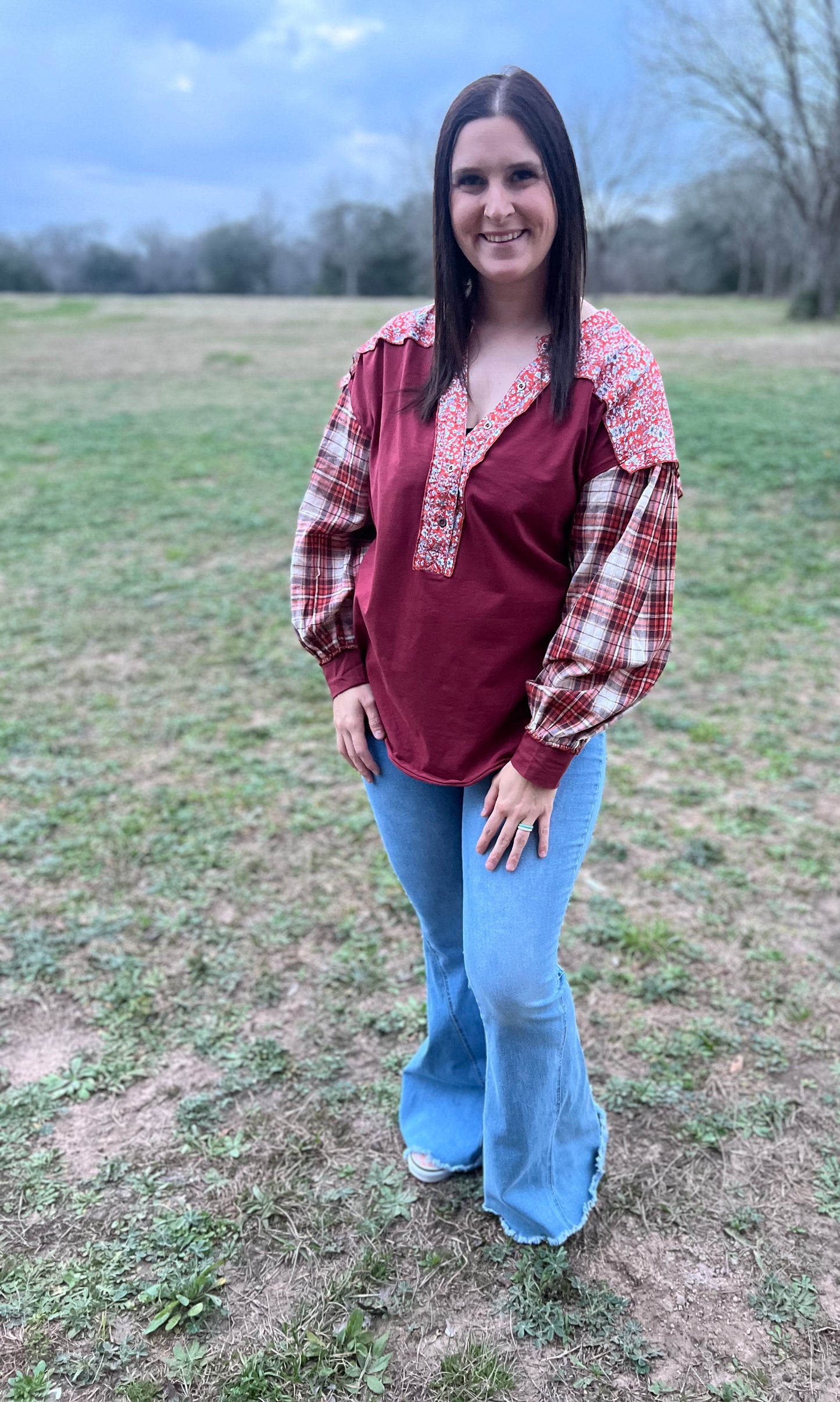 Floral Plaid Patchwork LS Top