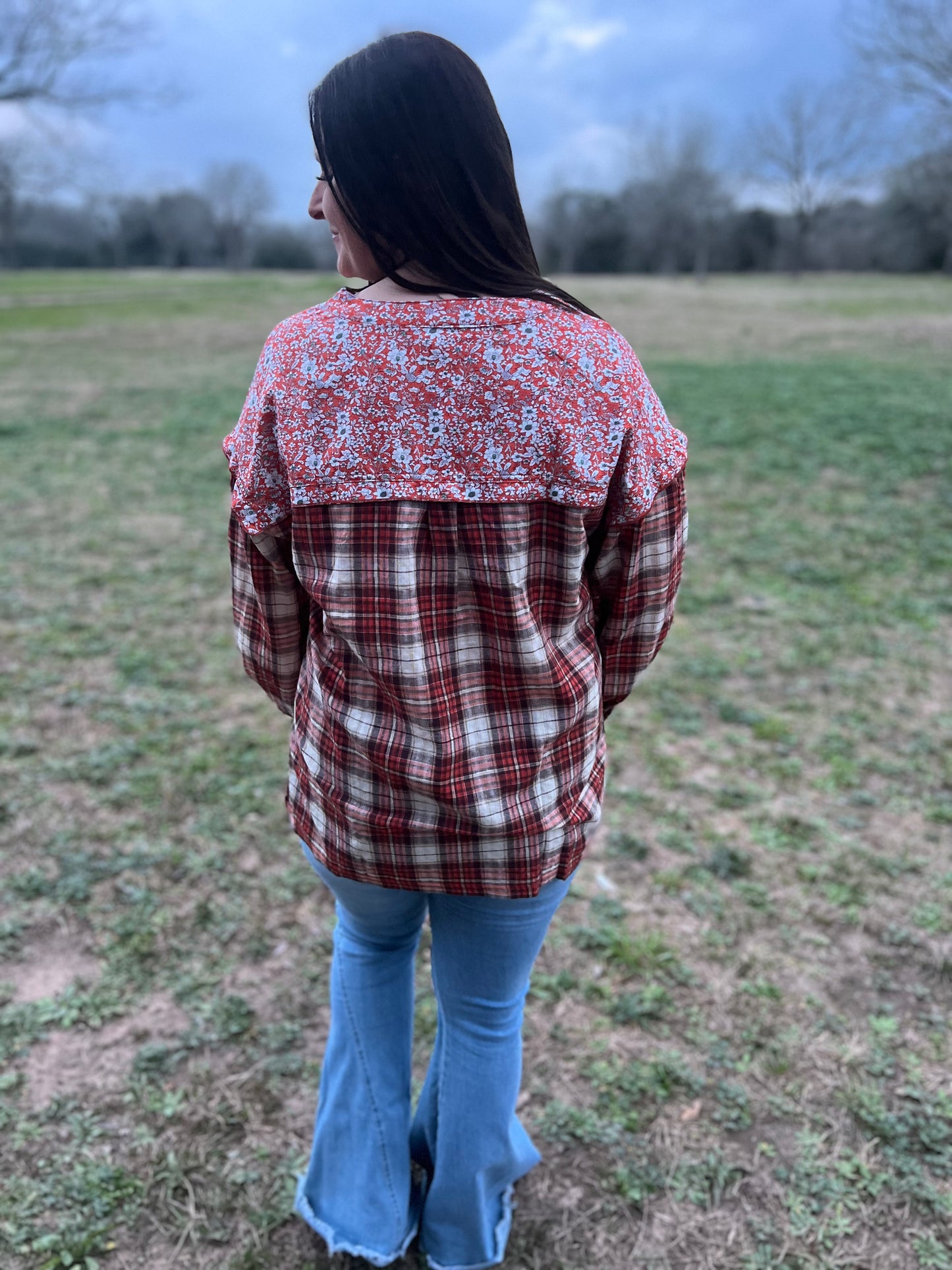 Floral Plaid Patchwork LS Top