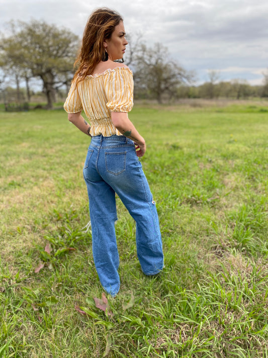 Top Yellow/White Stripes SS Smocked