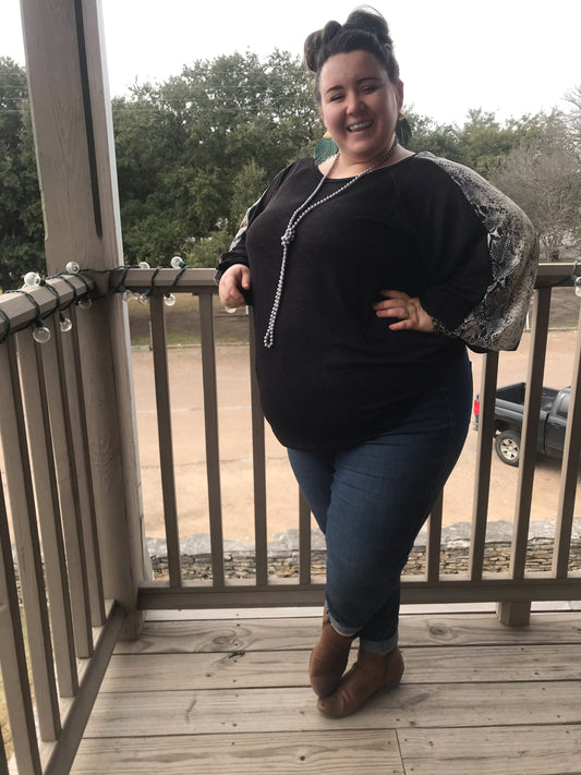 Plus Size Long Sleeve Top With Snake Print Sleeves