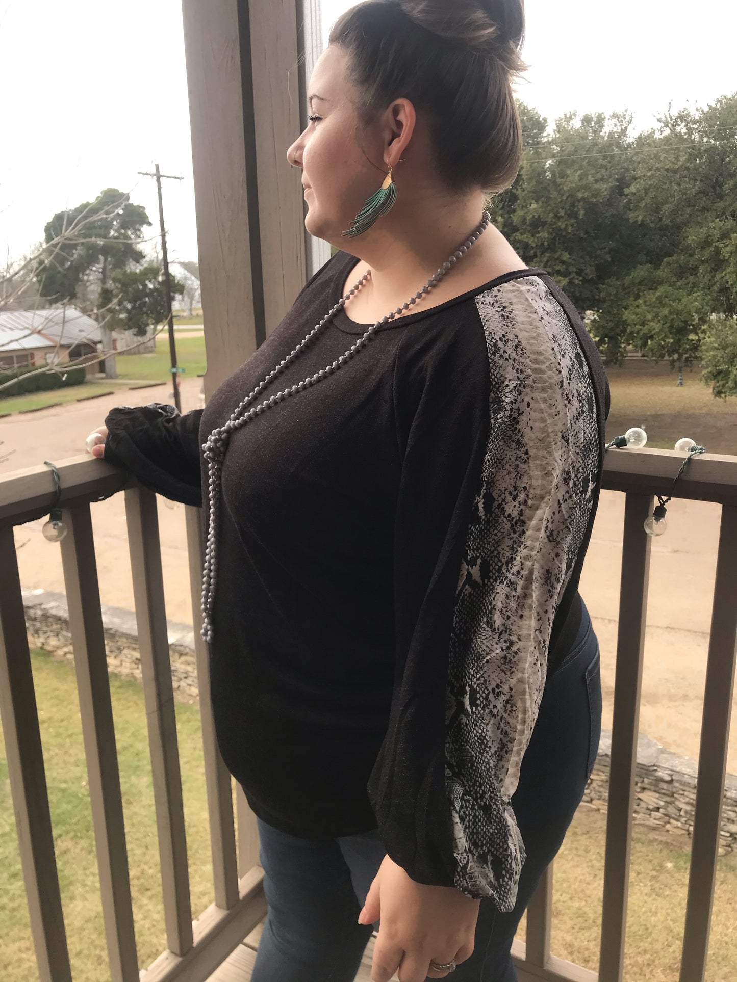 Plus Size Long Sleeve Top With Snake Print Sleeves