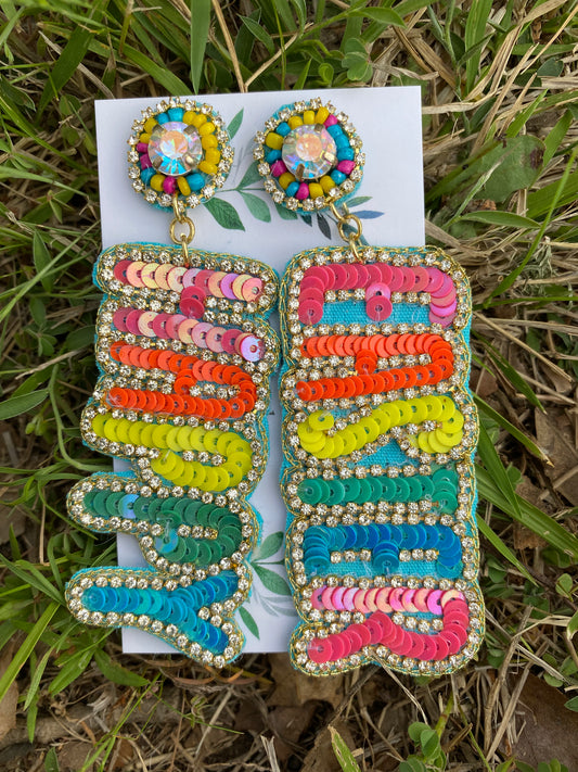 Blue Beaded Happy Easter Earrings