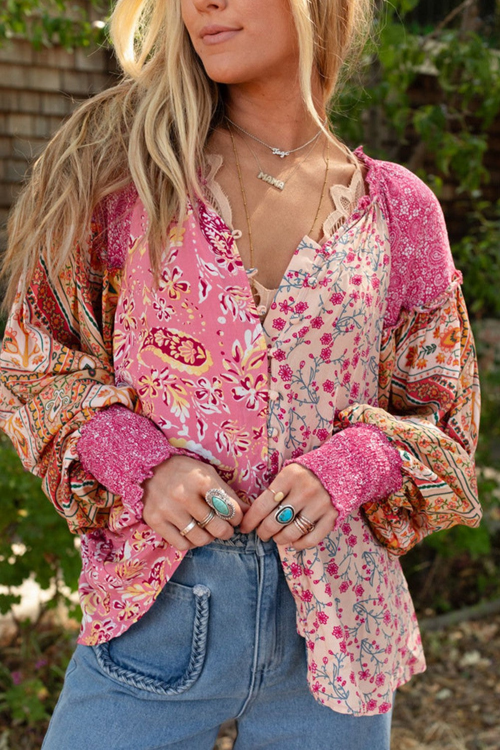 Pink Mixed Floral LS Button Down Top