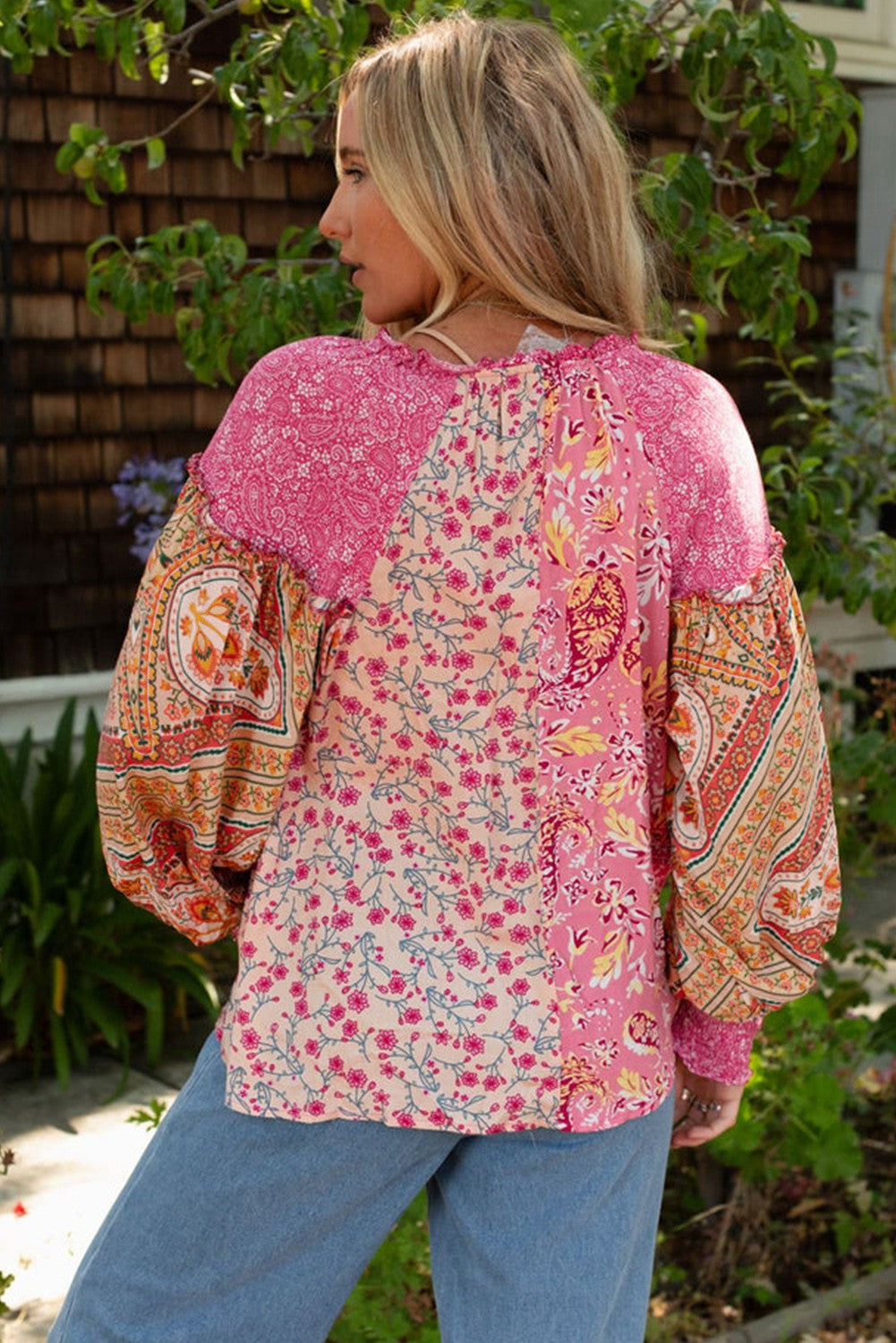Pink Mixed Floral LS Button Down Top