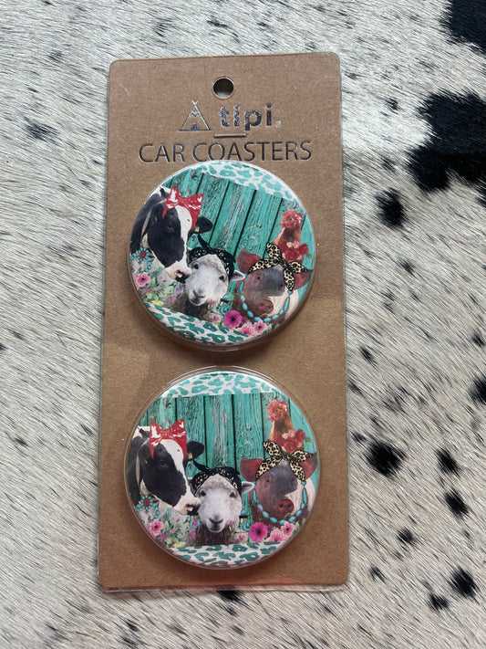 Turquoise Cows Car Coasters