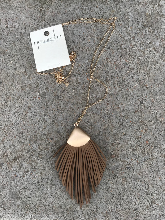 32" Necklace Tan Leather Fringe w/ Gold Detail